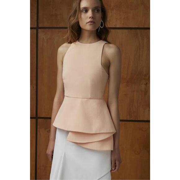 Anthropologie C/MEO COLLECTIVE Asymmetric Ruffle Coral Peach Fools Gold Top - Picture 2 of 14